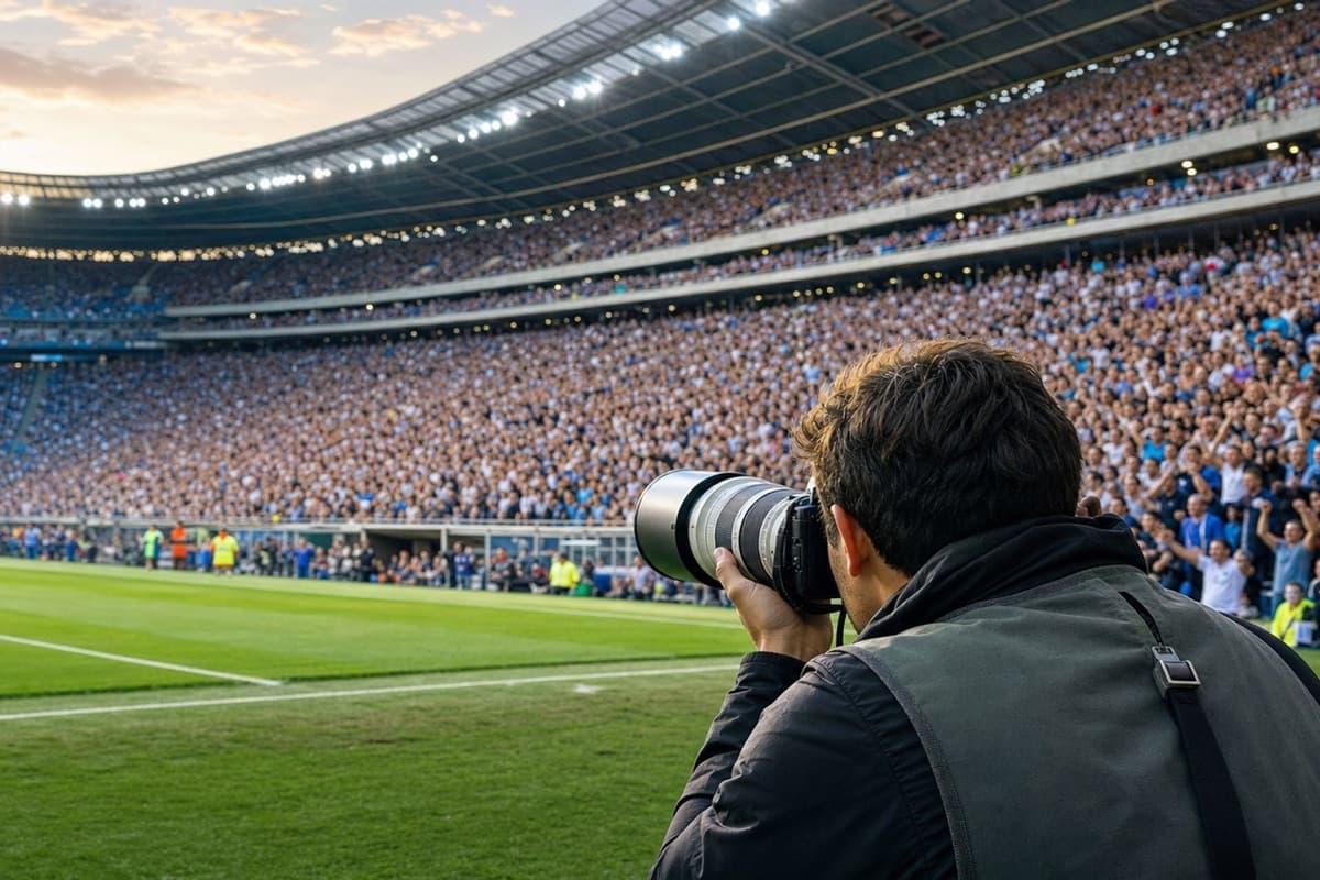Photographer capturing a full crowd in a soccer stadium
