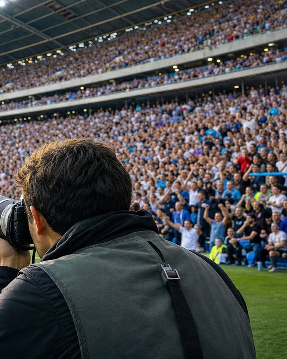 Photographer working in front of a packed stadium crowd
